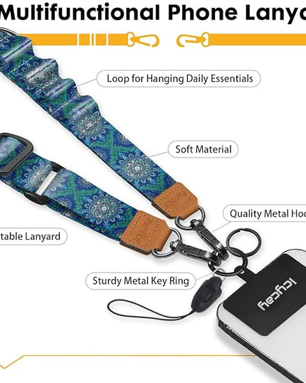 Phone Lanyard Crossbody, Boho Blue Cell Phone Strap for Around The Neck Adjustable, Anti Theft Cute Lanyard for iPhone Case ID Holder Keys Accessories Travel Essential