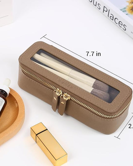Aveniee Clear Makeup Brush Bag, Slim Cosmetic Brush Holder, Small Travel Toiletry Bag for Women, Thin Make up Bags with Dual Zipper, Mini Travel Essentials Organizer - Taupe