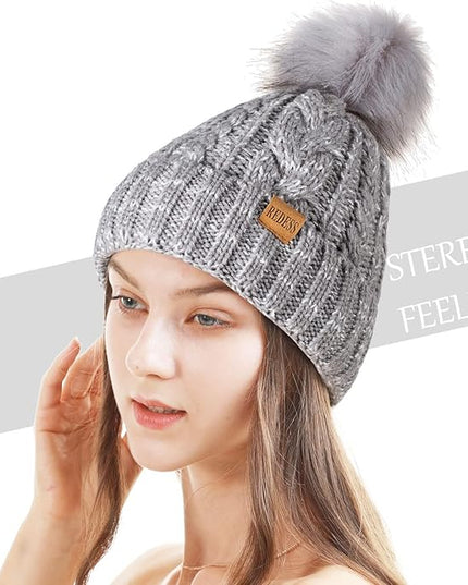 REDESS Women Winter Pompom Beanie Hat with Warm Fleece Lined, Thick Slouchy Snow Knit Skull Ski Cap