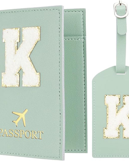 PATIKIL Passport Holder for Travel, Initial Passport Cover and Luggage Tag Set with Alphabet Chenille Letter Patch Travel Wallet Bag Suitcase Identifier for Women Family Travel Green K