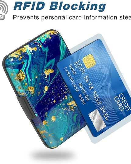 Atufsuat Credit Card Holder, Mini Aluminum Card Wallet RFID Blocking Slim Metal Hard Card Case for Women Men, Blue Green Marbling