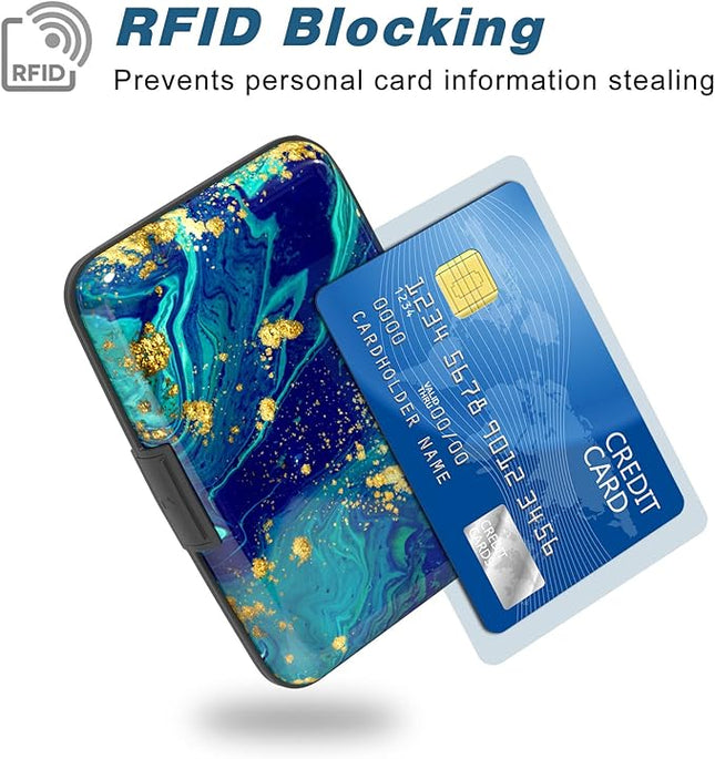 Atufsuat Credit Card Holder, Mini Aluminum Card Wallet RFID Blocking Slim Metal Hard Card Case for Women Men, Blue Green Marbling