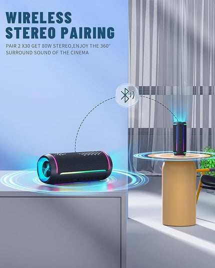 Ortizan Portable Bluetooth Speaker, 40W Loud Sound and Deep Bass, IPX7 Waterproof, True Wireless Stereo, Bluetooth 5.3, Colorful Flashing Lights, Preset EQ, USB Play, for Home, Outdoor, Party, Black