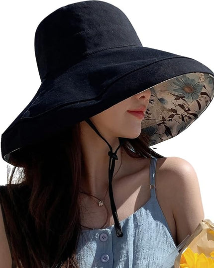 HUAMULAN Women Summer Sun Hat Wide Brim Wired Edge Floral Beach Bucket Hats Reversible Foldable Travel UV Protection Lady Hat