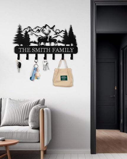 Personalized Key Holder for Wall - Custom Name Forest Deer Coat Rack Mount With Hooks, Metal Key Holder Decor, Key Hanger for Bedroom Kitchen Office