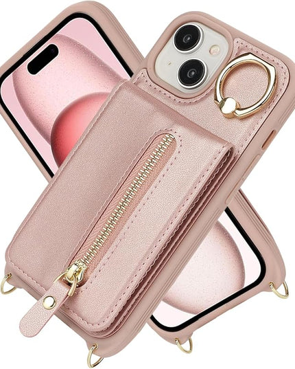 for iPhone 15 Wallet Case with Card Holder, for iPhone 15 Case Wallet with Strap Credit Card Slot, Crossbody Bag with Zipper Case for iPhone15 - Rose Gold