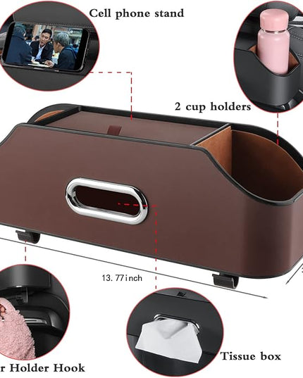 HOLDCY Car Back Seat Organizer with 2 Drink Cup Holder - Tissue Box and Storage Box Hook - Multi-functional Storage - Great for Kids and Travel (Brown)