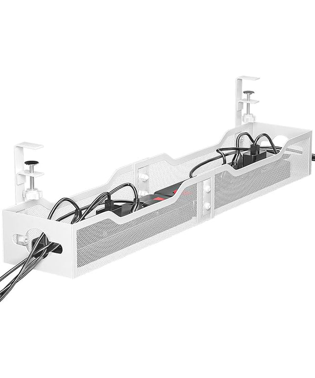 Under Desk Cable Management Tray 32'', Cable Management Under Desk No Drill, Cable Organizer with Clamp for Wire Management, Cord Organizer for Office, Home - No Damage to Table (White)