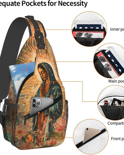 Our Lady of Guadalupe Sling Bag Crossbody Bags Clovers Chest Bag for Travel Hiking for Men Women Flower Mary 6