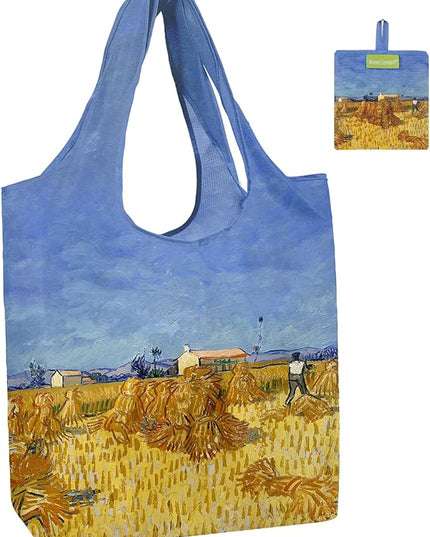 BeeGreen Oil Painting Aesthetic Tote Bag - Large Reusable Grocery Bag, Polyester Grocery Bags Gifts for Women,Foldable, Washable, Packable with Handles & Pouch for Shopping, Beach, Work, Summer