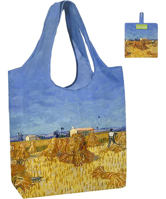 BeeGreen Oil Painting Aesthetic Tote Bag - Large Reusable Grocery Bag, Polyester Grocery Bags Gifts for Women,Foldable, Washable, Packable with Handles & Pouch for Shopping, Beach, Work, Summer