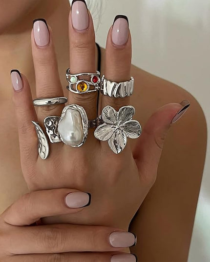 Chunky Gold Rings for Women Non Tarnish Statement Flower Ring Baroque Pearl Stackable Rings Set 6Pcs Chunky Jewelry