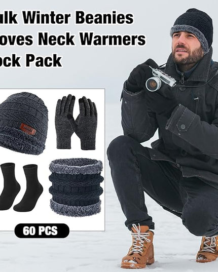 Sureio 60 Pcs Homeless Beanies Hat Scarf Glove Set Bulk Winter Knitted Beanies Gloves Scarf Socks for Homeless Care Package