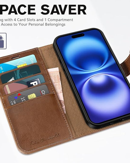TUCCH Wallet Case Compatible with iPhone 16 5G (6.1", 2024 Release) – Brown, PU Leather [Shockproof TPU Interior Case] [Kickstand] Magnetic Protective Flip Cover with [RFID Blocking] [4 Card Holder]