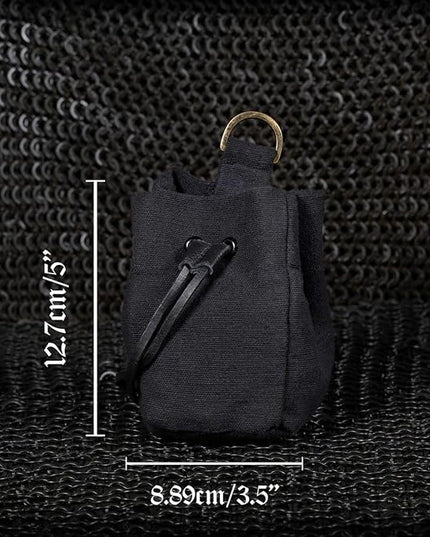 Mythrojan Medieval Pouch Renaissance Canvas Drawstring Belt Pouch Viking Cosplay Costume Accessories Jewelry Coin Purse for LARP, SCA, Historical Reenactments, Black - 5" x 3.5" x 4"