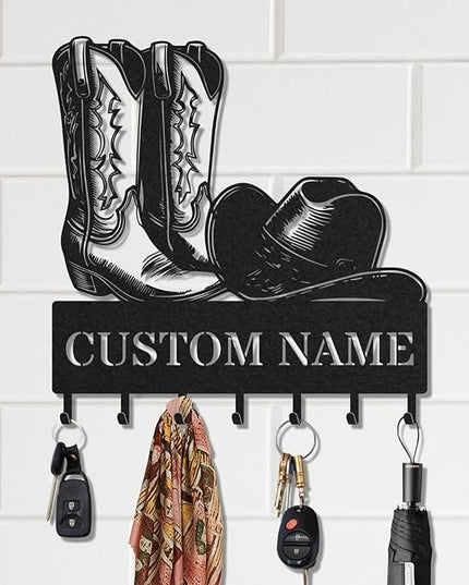 LOWACOS Personalized Key Holder for Wall, Custom Metal Cowboy Key Hooks with Name, Meta Jacket Holder Hooks Organizer Rack, Jacket Hanger Decor for Kitchen, Entryway, Hallway, Office, Doorway