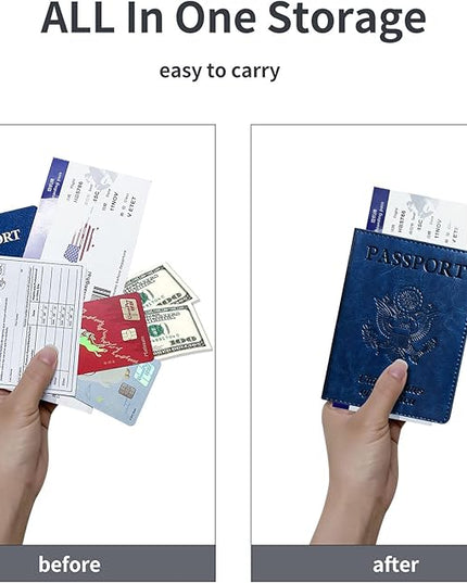 Passport Holder Cover Wallet Case RFID Blocking Leather Card Slot Travel Accessories Documents Organizer Protector for Women Men, Navy Blue