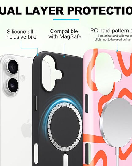 Magnetic for iPhone 16 Case Cute Curved Stripes Phone Case, Shockproof Slim TPU and Hard PC Protective Phone Cover Compatible with MagSafe Designed for Women Girls,Pink
