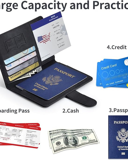 Passport Holder, Passport Cover with Credit Card Slot and Boarding Pass Slot Combo, Passport Wallet Case Book Travel Must Have, RFID Blocking Leather Travel Accessories, Black