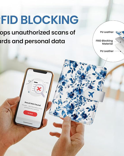 Passport Holder for Travel Essentials, RFID Blocking Leather Cover Wallet with Magnetic Closure, Aesthetic & Cute Passport Book Case for Women and Men - BlueFloral