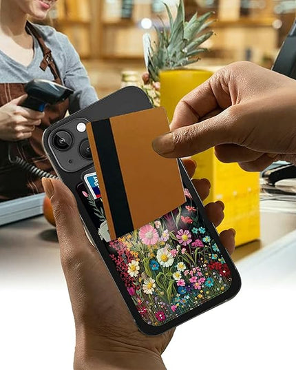 Rossy Cell Phone Wallet Adhesive Card Holder Stick on Wallet Pocket Lycra Credit Card ID Case With Wildflowers Stylish Pattern for Back of Phone for All Smartphones