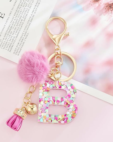 Resin Alphabet Initial Letter Keychain Keyring for Women Purse Handbags With Fur Ball Pom