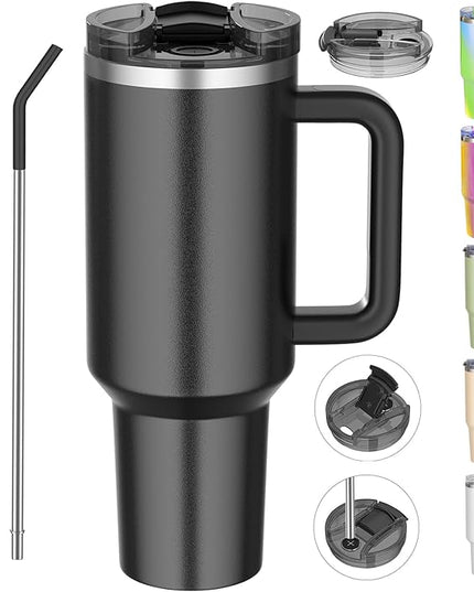 40 oz tumbler with handle and straw,Double Wall Vacuum Reusable Stainless Steel Insulated Water Bottle,With Leak Proof lid and Straw for Iced or Cold Beverages (Black)