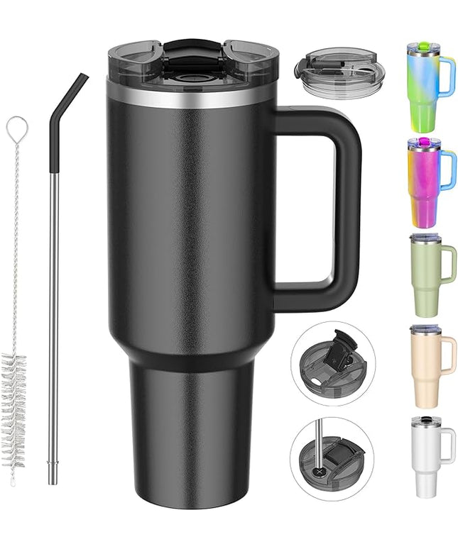 40 oz tumbler with handle and straw,Double Wall Vacuum Reusable Stainless Steel Insulated Water Bottle,With Leak Proof lid and Straw for Iced or Cold Beverages (Black)