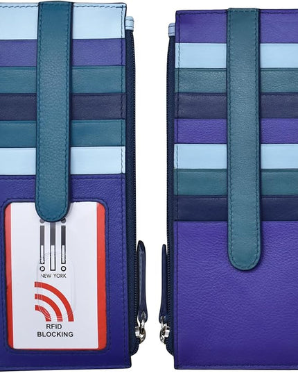 ili New York Long Double Sided Slim Wallet, RFID Blocking Card Holder with ID Window and Side Zip Pocket for Men and Women, Denim Multi