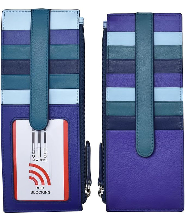 ili New York Long Double Sided Slim Wallet, RFID Blocking Card Holder with ID Window and Side Zip Pocket for Men and Women, Denim Multi