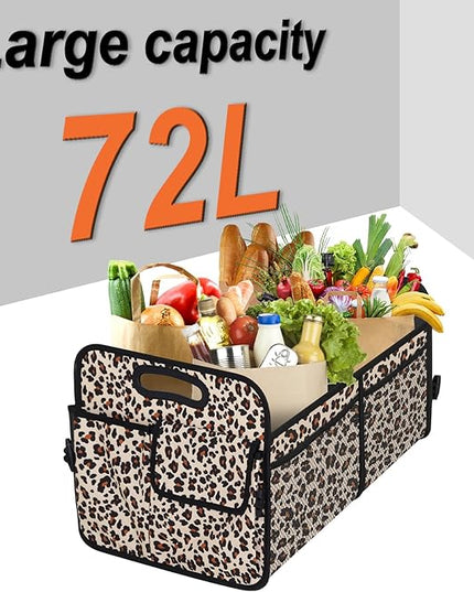 Trunk Organizer, Collapsible Trunk Organizers and Storage, Car Accessories for Women and Men, Multi-Compartment Trunk Storage Organizer for SUV, Car, Mini-Van, Leopard Print
