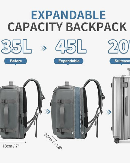 35L Travel Backpack 17" Laptop Backpack W/USB-C Port, Expandable Carry-On Bag, TSA Flight Approved Water-Resistant for Business College, Grey