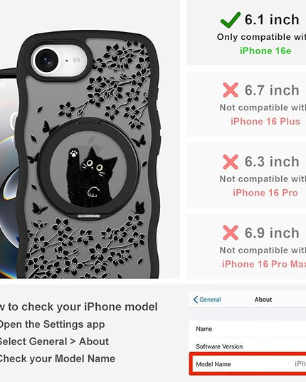 Wavy Case for iPhone 16e Case with Stand [Compatible with MagSafe] Cute Black Cat & Floral & Butterflies Pattern Design, Kawaii 360 Magnetic Ring Kickstand Phone Cover for Women Girls