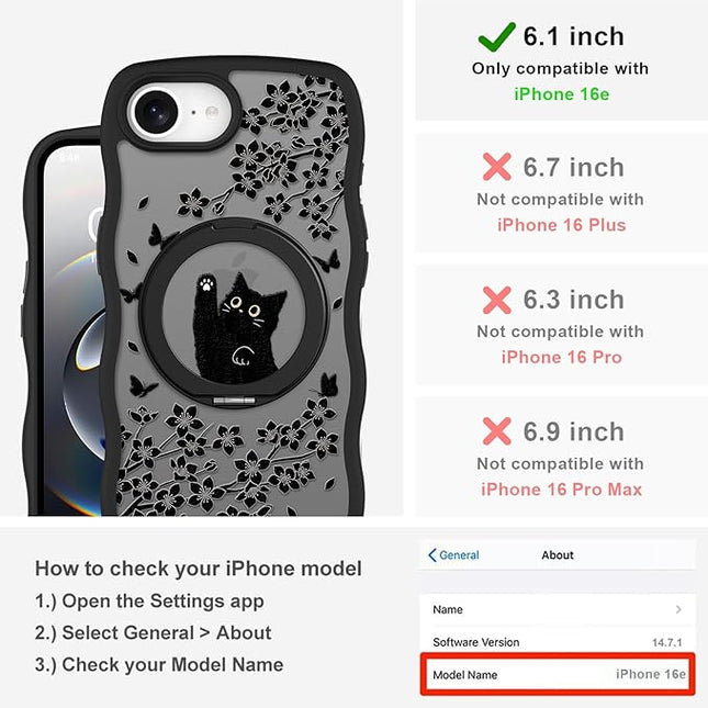 Wavy Case for iPhone 16e Case with Stand [Compatible with MagSafe] Cute Black Cat & Floral & Butterflies Pattern Design, Kawaii 360 Magnetic Ring Kickstand Phone Cover for Women Girls