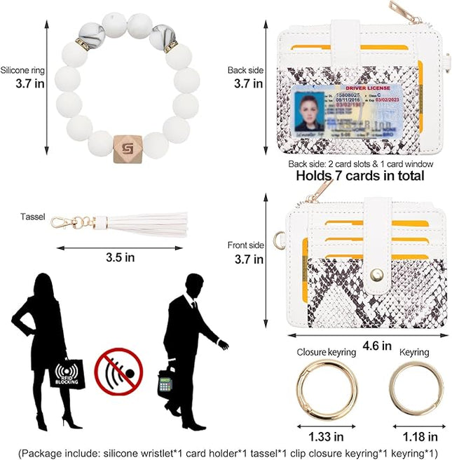 COOLANS Silicone Bracelet Wristlet Wallet Credit Card Holder RFID,ID Window,Key Ring Tassel,Slim Wallet Women Keychain Purse