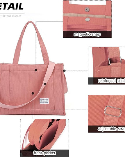 Valleycomfy Corduroy Tote Bag for Women Travel Crossbody Bag Purse Women Shoulder Bags Work Handbags Everyday Hobo Bag