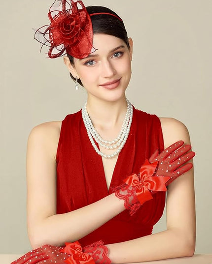 Lace Gloves for Women - Short Bow Rhinestone Tulle Sheer Sparkly Evening Stretchy Gloves for Wedding Opera Party