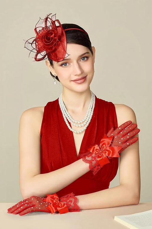 Lace Gloves for Women - Short Bow Rhinestone Tulle Sheer Sparkly Evening Stretchy Gloves for Wedding Opera Party