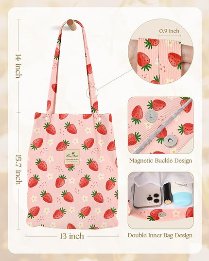 Corduroy Tote Bag for Women - Reusable Totes with Pocket & Buckle Cute Aesthetic Shoulder Bag for Work Travel
