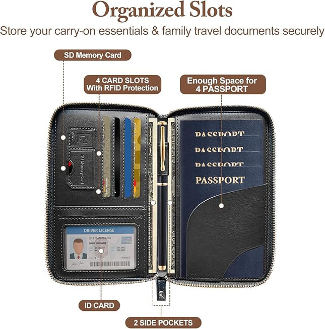 Passport Holder for Travel Women and Men RFID Passport Holder with Card Slots Holder Passport Case Passport cover Passport Wallet Travel Essentials and Accessories (Zipper, Black Zipper)