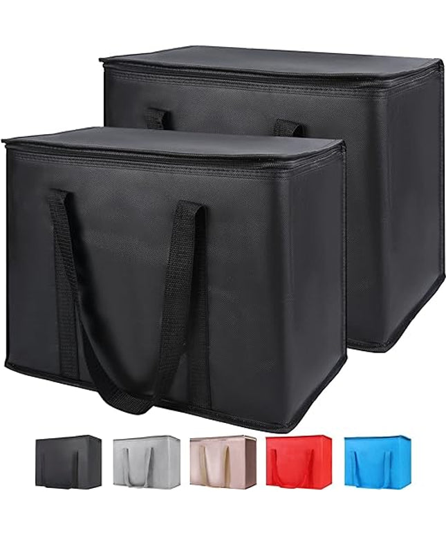 CIVJET Insulated Reusable Grocery Bags, 16W x 13H x 9D, X-Large Tote Bag for Shopping/Travel, Doordash Food Cooler/Hot Delivery Bag, Black, 2-Pack