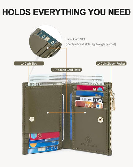BOSTANTEN Wallet Women Small Leather RFID Blocking Credit Card Holder Slim Bifold Wallet with Zipper Pocket Green