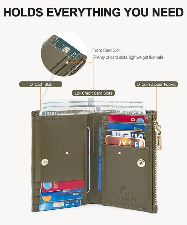 BOSTANTEN Wallet Women Small Leather RFID Blocking Credit Card Holder Slim Bifold Wallet with Zipper Pocket Green