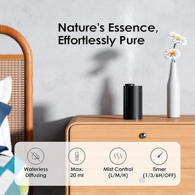 Airversa Waterless Diffuser for Essential Oil, Car Diffsuer, Battery Operated Nebulizer, 0.7 Fl Oz/ 20mL, Mini Scent Air Machine, 3 Timers & 3 Mist Levels for Home, Room, Car, Office - AN6 Black