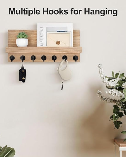 Lwenki Key Holder Wall Mount, Entryway Key and Mail Holder with 7 Sturdy Hooks for Sunglasses, Dog Leash, Decorative Wall Shelf with Mounting Hardware, 15”W x 6.7”H x 4.2”D (Wood)