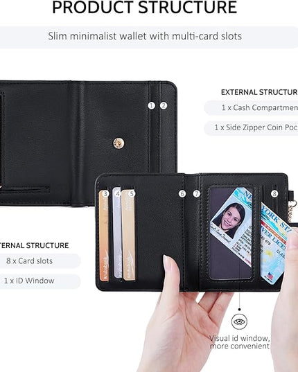 POIUGOYA Slim Wallet for Women,RFID Blocking Bifold Credit Card Holder with Zipper Coin Pocket,ID Window,Keychain