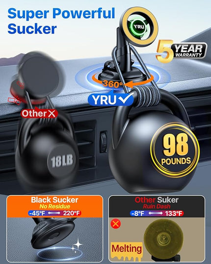 YRU [Truely Upgrade & Patent] Car Phone Holder for Magsafe [98+LBS Strongest Suction & Enhanced Magnetic] Dashboard Car Mount Windshield Vent Phone Stand for iPhone 17/16/15/14/13/12 Pro Max (Golden)