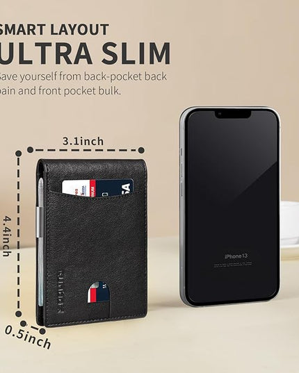 RUNBOX Slim Money Clip Wallets for Men RFID Blocking 11 Card Holder Minimalist Small Leather Bifold Men's Front Pocket Wallet Gift Box