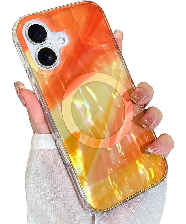 Cute Case for iPhone 17 Case for Women Girls [Compatible with Magsafe] with Translucent Pearl Pattern Design, Aesthetic Girly Magnetic Protective Phone Cover, Orange