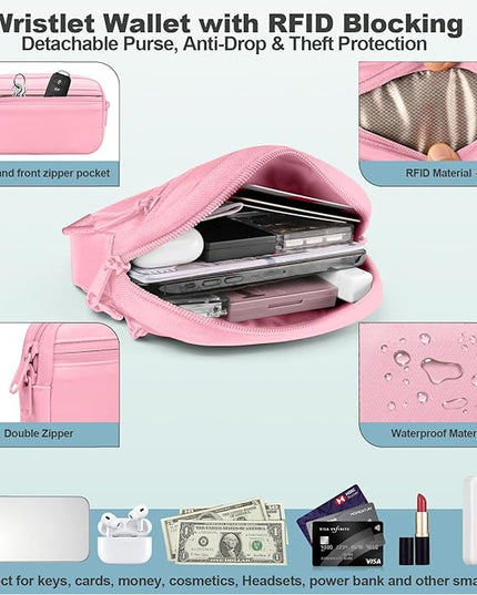 Clip and Go Strap for Phone with Wallet Crossbody, Adjustable Phone Lanyard with Detachable RFID Wristlet Wallet, Pattern Strap - Pink(L)